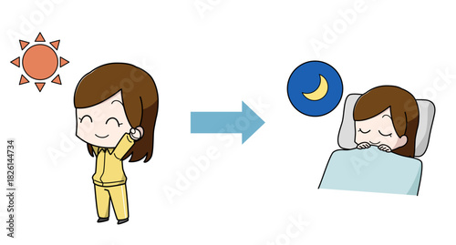 太陽の光を浴びてよく眠れた女性のイラスト