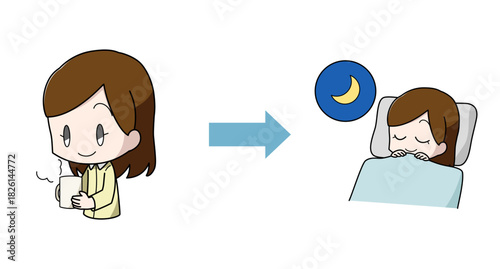 温かい飲み物を飲んでよく眠れた女性のイラスト