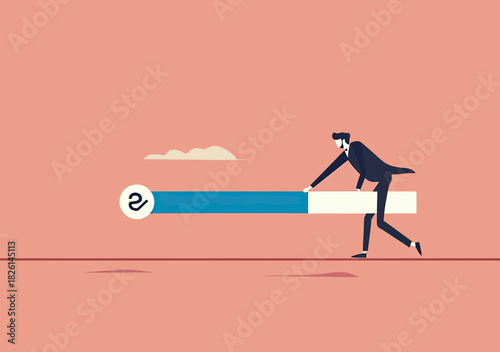 Businessman pushing progress bar forward representing effort to advance project completion and meet work deadline in minimalist vector
