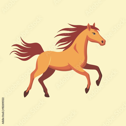 Running brown horse with flowing mane and tail jumping in dynamic motion isolated minimalist flat vector design on light background