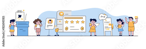 People giving online feedback with five star rating, filling survey forms, writing reviews, user experience concept in flat minimalist vector style
