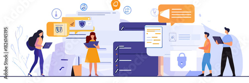 Business people using cybersecurity services with laptops and tablets securing data, cloud storage, and communication in flat vector style