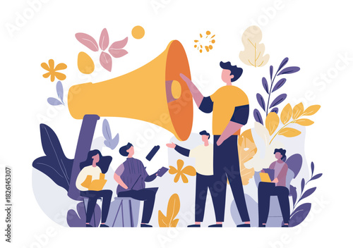 Business team collaboration with megaphone speaker encouraging employee voice and support in flat minimalist style vector illustration