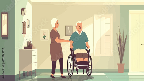 Elderly man in wheelchair being assisted by female caregiver in home interior with plants and window light flat vector illustration