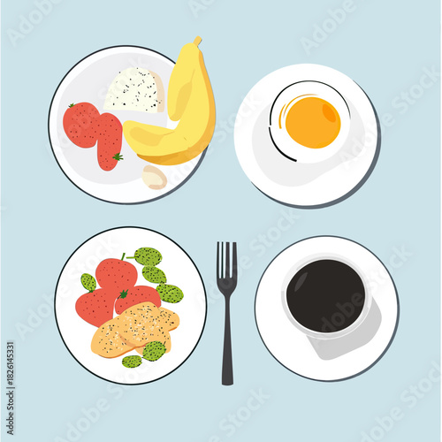 Minimalist breakfast vector with fried egg, coffee cup, banana, strawberries, croissant, cheese, and green garnish on plates with fork on pastel background
