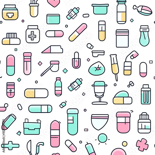 Seamless pattern of flat minimalist icons of medicine pills capsules vials bottles and medical containers in soft pastel colors on white background vector illustration