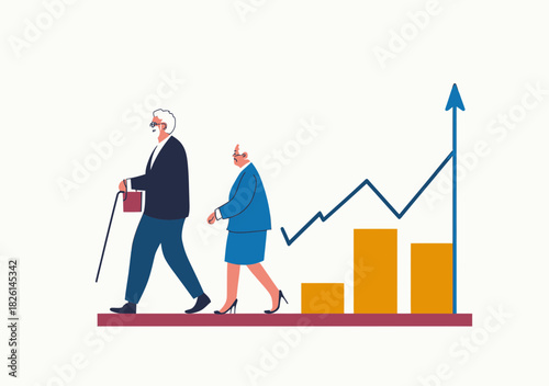 Elderly senior couple walking alongside rising bar chart and upward arrow representing aging population growth and demographic trends in minimalist style