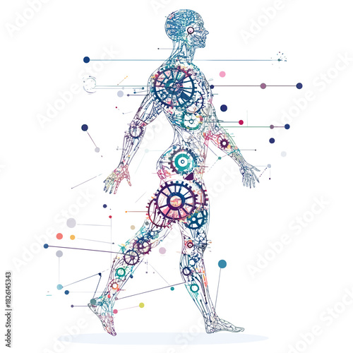 Futuristic human body silhouette with colorful mechanical gears and abstract technology connections representing anatomy and bioengineering concepts in walking pose