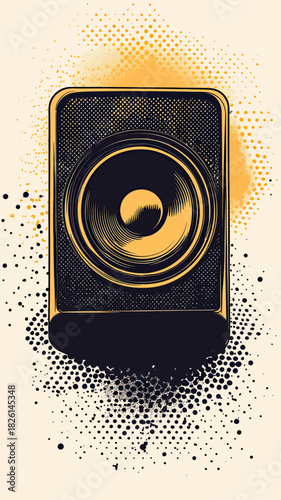 Retro speaker illustration with halftone dot grunge effect vintage music sound system concept vector art design in black and orange tones