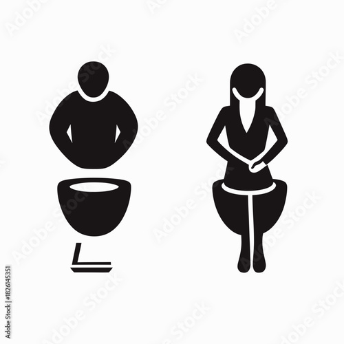 Minimalist male and female restroom toilet symbols with humorous sitting and standing poses on white background vector illustration signage design