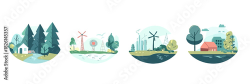 Sustainable green economy concepts with forest landscape wind turbines solar panels eco friendly house and nature conservation flat vector illustrations set