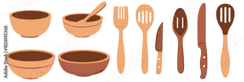 Set of wooden kitchen utensils and bowls including spoons, forks, knives, and mixing bowls in flat minimalist style natural eco friendly cooking tools vector illustration