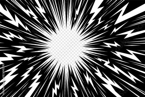 Thunder manga radial vector with bold comic lines and burst rays. Thunder manga bg for anime motion effect, energy flash and light power display. Black and white abstract background.