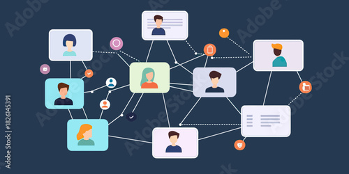 Vector illustration of interconnected user profiles with social network communication icons and business connection lines on dark background in flat minimalist style