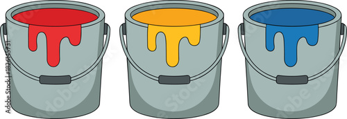 Three metal paint buckets with dripping red, yellow and blue colors, creative art supplies illustration for design, painting, DIY, decoration concepts