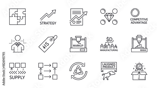 Set of linear icons related to business and industry.