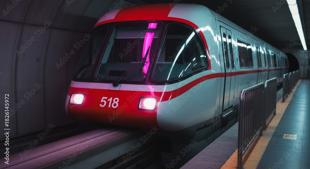 Fototapeta premium A modern passenger train elegantly emerges from the tunnel, its sleek design and advanced engineering on full display, showcasing a seamless blend of speed, safety, and transportation innovation.