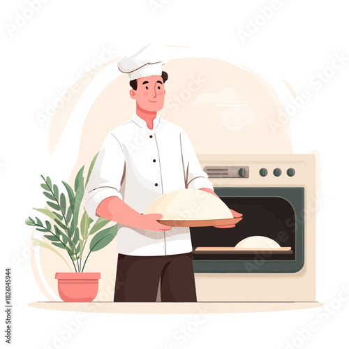 A chef in white uniform placing dough in oven to bake fresh bread