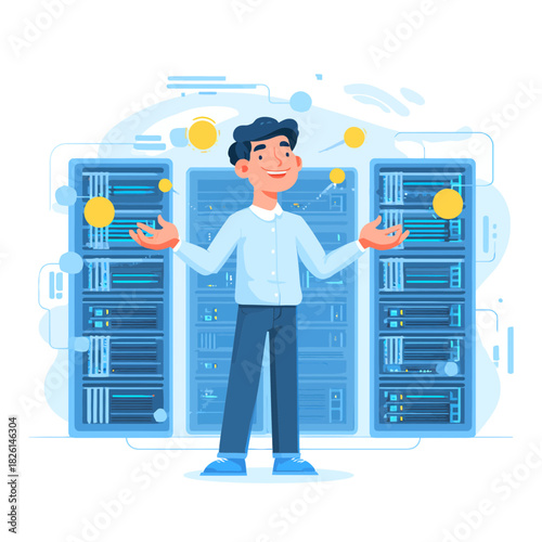 Happy man managing network infrastructure near server racks