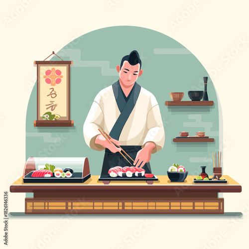 Japanese Chef Preparing Fresh Sushi on a Restaurant Table
