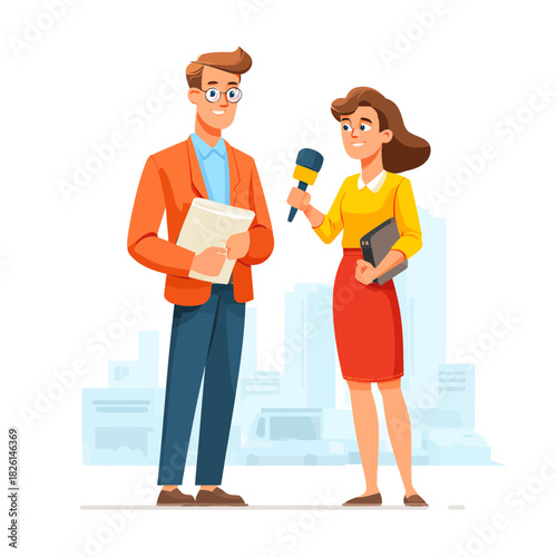 Journalist interviewing man with microphone in city background