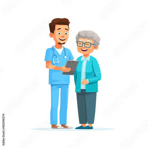 A doctor in blue scrubs consulting with elderly patient