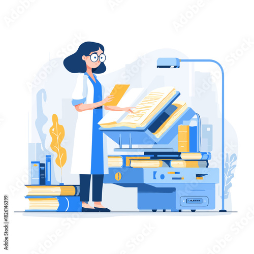 Librarian Digitizing Books In Modern Library Setting Illustration