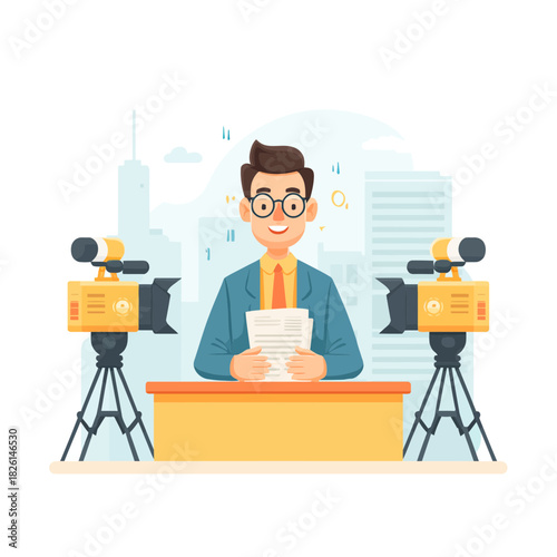 A happy journalist reporting news in a television studio setting