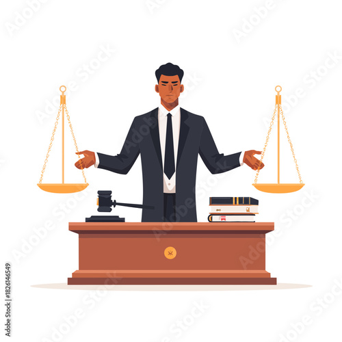 A judge in a black suit with scales of justice at a desk