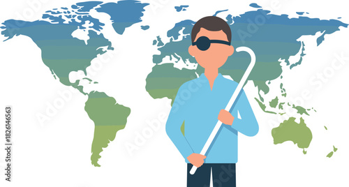 Visually impaired man with white cane and eye patch, global blindness awareness, accessibility, inclusion, world map background, vector illustration