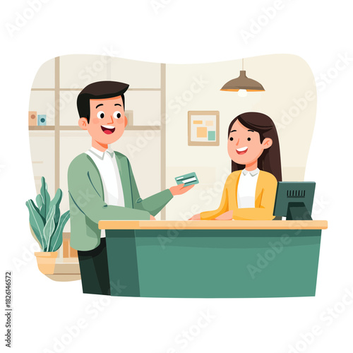 Man offering credit card to a cashier at a business desk