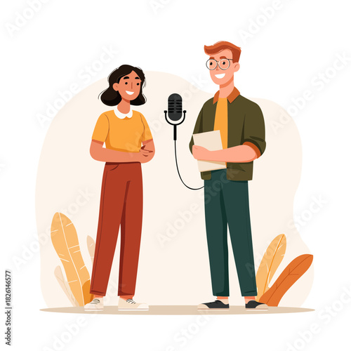 A man and woman recording a podcast in a studio setting