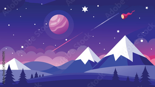 Cheerful Christmas scene with Santa Claus soaring across the moon, set against a starry night sky..eps