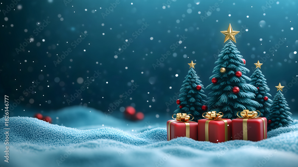 Obraz premium Christmas banner with gift boxes under pine tree, festive winter new year holiday celebration background with copy space.