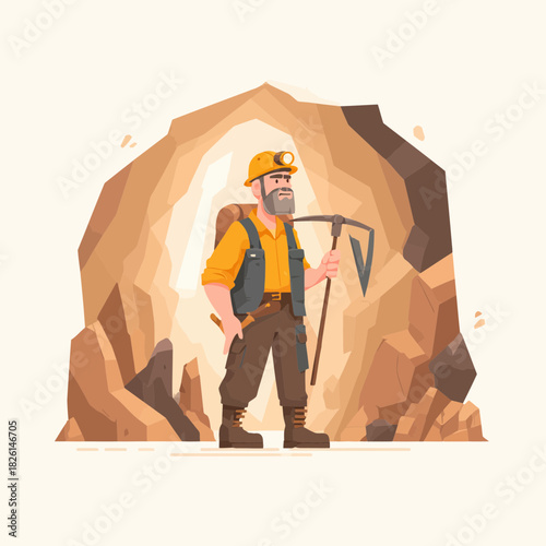 A miner standing in a cave with a pickaxe and helmet