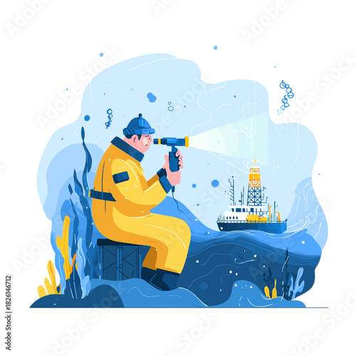 Marine biologist using sonar scanning ocean environment with boat