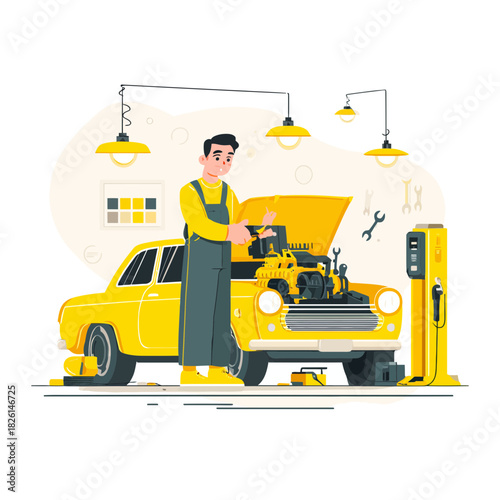 Mechanic with tools repairing a yellow car in a garage