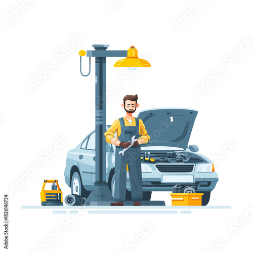 Mechanic with a wrench repairing a car in the garage