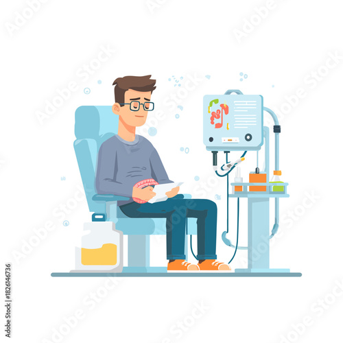 A patient undergoing colonoscopy in a medical procedure room