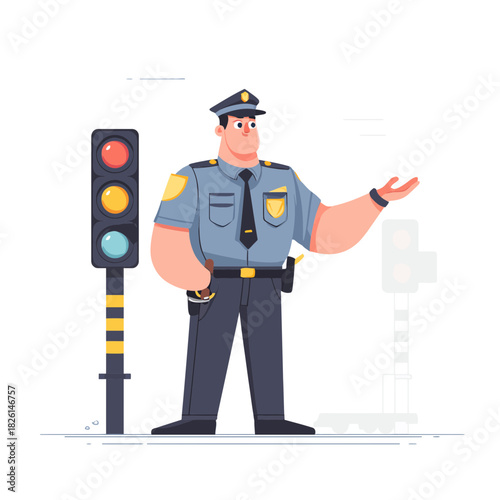 A police officer directing traffic with a stoplight illustration