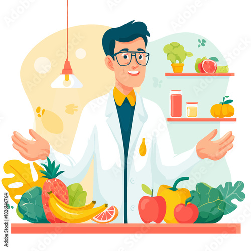 Nutritionist with fresh fruits and vegetables explaining diet plans