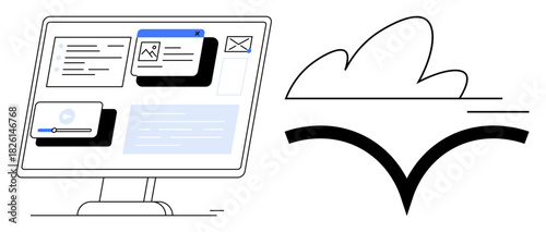 Computer screen displaying multitasking apps with a floating cloud design. Ideal for technology, collaboration, workflow, data management, remote work, digital innovation, simple flat metaphor