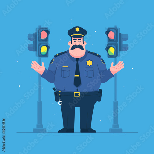 Police Officer Directing Traffic at Street Intersection Cartoon