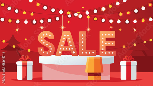 Festive paper Christmas tree featured with a Christmas Sale sign, inviting shoppers to explore holiday discounts..eps