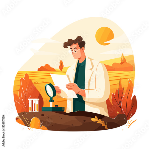 Scientist in field analyzing soil sample with magnifying glass