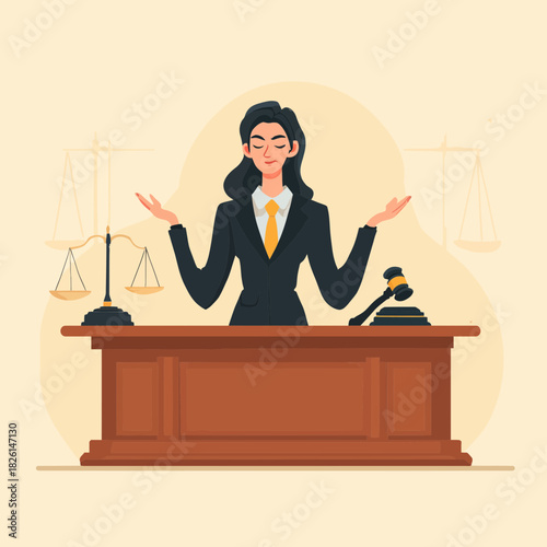 A woman judge with gavel and scales presiding over the court