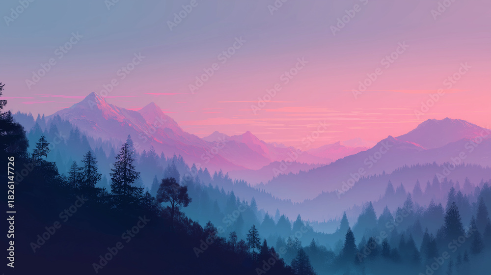 Fototapeta premium breathtaking and serene landscape featuring a layered view of mountains, forests, and a vibrant sky. It blends natural elements with a soft, dreamy color palette, making it visually captivating