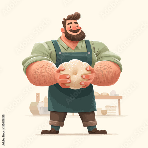 Cartoon baker holding dough in front of his bakery table