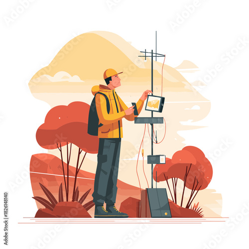 Technician assembling a portable communication device outdoors