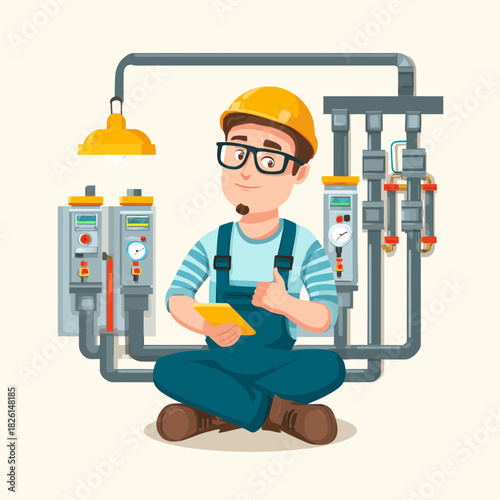Cartoon technician with tablet servicing HVAC system